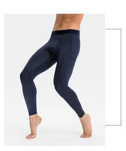 Seitenansicht der dunkelblauen, schnell trocknenden Herren-Fitness-Leggings mit Tasche