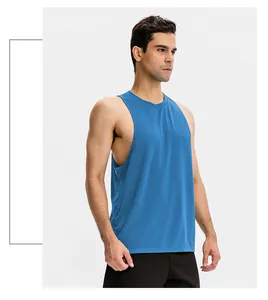 Side profile of a man wearing a breathable blue sports tank top for gym and running