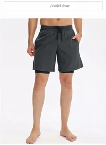 Men's double-layer athletic shorts in dark grey for gym and running workouts