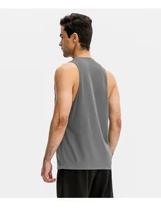 Back view of a breathable grey men's loose-fit athletic tank top for fitness training