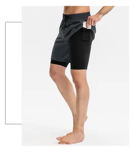 Detail of men's 2-in-1 running shorts with inner compression layer and phone pocket