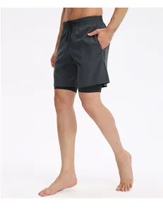Side view detail of men's dark grey 2-in-1 quick-dry athletic shorts for running