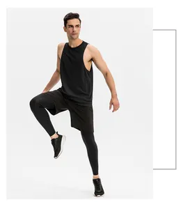 Detail of men's black sleeveless quick-dry tank top for running and gym fitness.