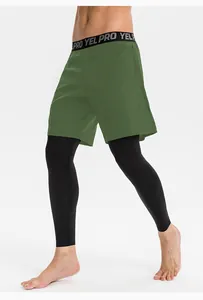 Detailansicht der 2-in-1-Kompressions-Leggings für Herren mit olivfarbenen Shorts