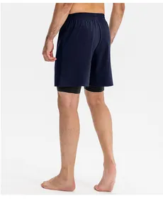 Back view of men's 2-in-1 navy blue fitness shorts with black lining