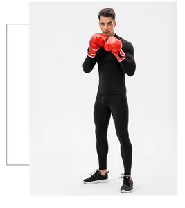 Hoge elasticiteit heren zwarte compressie trainingstop met lange mouwen en legging