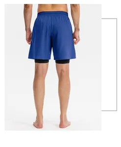 Back view of men's blue two-in-one quick-dry athletic shorts designed for running and gym