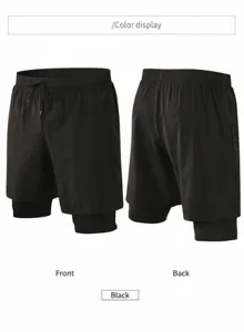 Front and back views of men's black 2-in-1 quick-dry double-layer fitness shorts