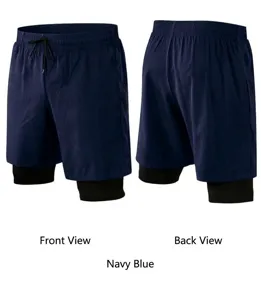 High-quality front and back views of men's navy blue 2-in-1 quick-dry fitness shorts