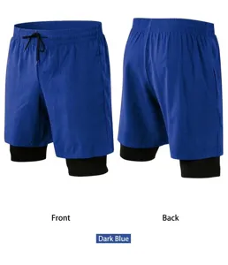Front and back views of men's 2-in-1 royal blue athletic shorts with black compression layer