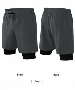 Grey double-layer men's fitness shorts showing front and back views for gym and running