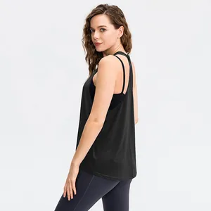 Losse zwarte yoga tanktop voor dames, ademende en sneldrogende sportieve cover-up