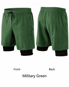 Front and back views of army green double-layer fitness shorts with drawstring