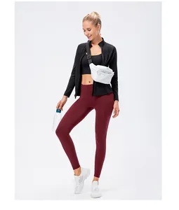 Bourgondische fleece gevoerde yoga-legging voor dames met hoge taille en zijzakken