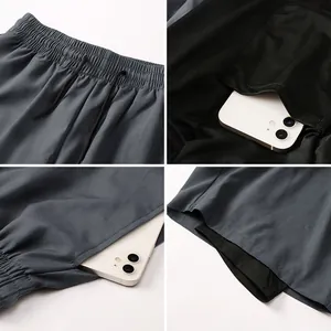 Detailed view of men's 2-in-1 athletic shorts with hidden phone pocket and double layer