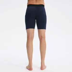 Rückansicht von Herren Kompressions-Fitness-Shorts in Dunkelblau mit Taschen und Gummibund