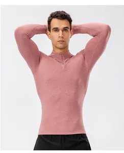 Heren compressieshirt met kwart rits voor fitness en hardlopen in gemêleerd roze