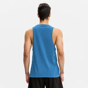 Back view of a blue men's loose quick-dry sports tank top for gym and running
