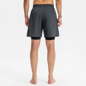 Men's 2-in-1 sports shorts in dark gray, back view for running and fitness training.