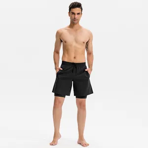 Men's 2-in-1 quick-dry sports shorts for running and fitness training in black
