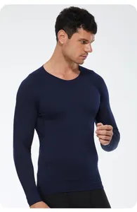 Close-up of men's navy blue thermal compression shirt with tight athletic fit