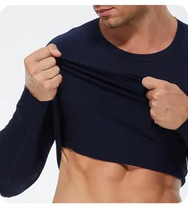 Detail view of high elasticity navy blue men's thermal sports compression long sleeve top