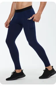 Men's dark blue high-elastic compression sports leggings featuring a functional side phone pocket