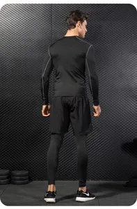 Professionelle Rückansicht der schwarzen Herren-Kompressions-Langarm- und Lauf-Leggings-Kombi