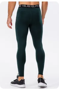 Back view of professional men's dark green fitness compression leggings with side pocket