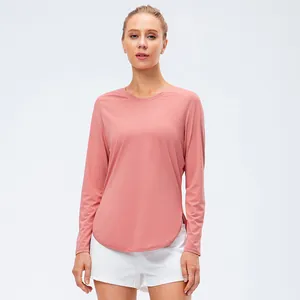 T-shirt de yoga à manches longues rose pour femmes avec protection solaire UPF 50+