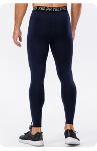 Detail back view of navy blue men's compression leggings featuring elastic waistband and side pocket