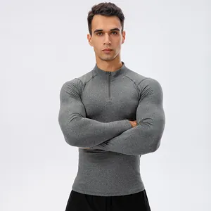 Grijs compressieshirt voor heren met halve rits voor fitness- en hardlooptraining