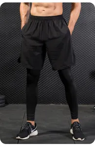 Detailansicht der schwarzen gefälschten zweiteiligen Herren-Sportleggings für Fitness