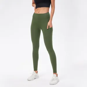 Olijfgroene yoga leggings met hoge taille voor dames met zijzakken en slim-fit design