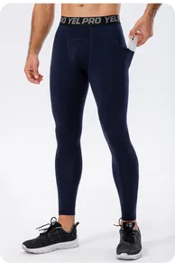 Men's navy blue compression leggings with side phone pocket for fitness training