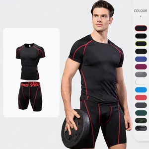 Heren Compressie Fitness Top And Bottom Polyester Sneldrogend Ademend Workout T-Shirt Met Korte Mouwen En Hardloopshorts Set