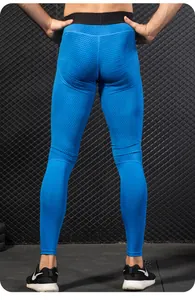 Vista posteriore dei leggings fitness a compressione blu da uomo con trama speciale