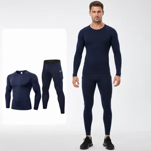 Men Autumn Winter Fleece Lined Thermal Underwear Set High Elastic Compression Sportswear Top And Bottom Running Fitness Suit