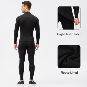 Men's thermal fitness set with black fleece-lined compression top and tights for winter