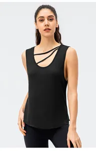 Black loose yoga tank top for women with decorative neckline straps for fitness