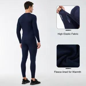Men's navy thermal fleece-lined compression fitness set with high elasticity
