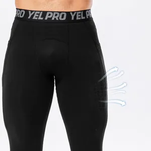 Pro-style men's black athletic compression pants with breathable mesh fabric design