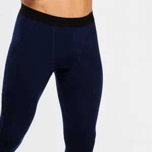 Men's high-elastic breathable thermal fitness leggings in dark blue with side pocket