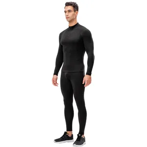 Men's black fleece-lined compression fitness set with half-zipper top and leggings