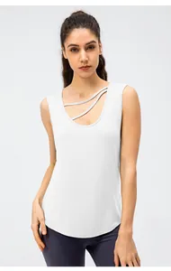 Breathable white yoga tank top for women with stylish asymmetric cutout neckline detail