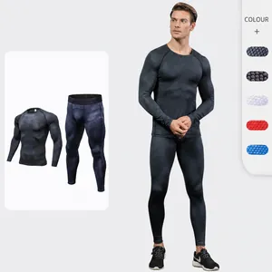 Set Fitness da Compressione da Uomo in Poliestere ad Asciugatura Rapida Stampato Sportivo Top And Bottom Tuta da Allenamento a Maniche Lunghe con Motivo a Nido d'Ape