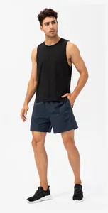 Full view of men's navy blue quick-dry running shorts with black sports tank top