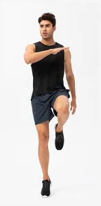 Action detail of men's quick-dry navy blue breathable sports shorts for running fitness