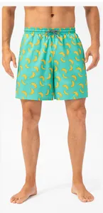 Detailed view of men's quick-dry beach shorts with yellow banana print and drawstring