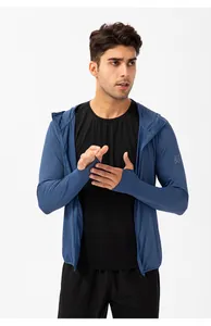 Men's blue lightweight UPF 50+ sun protection jacket with hood and thumb-holes
